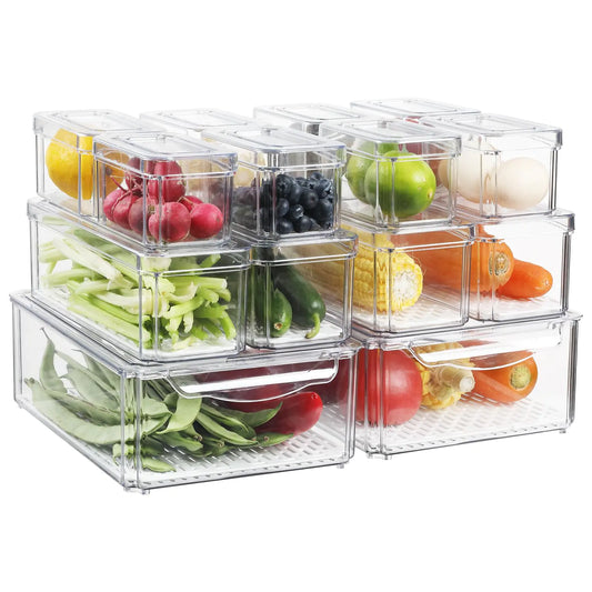 OMNISAFE Refrigerator Organizer Plastic Bins with Lids Stackable Fridge Pantry Organizer BPA-Free Fruit & Food Storage Bins for Kitchen Vegetable Cereals (14 Pack)