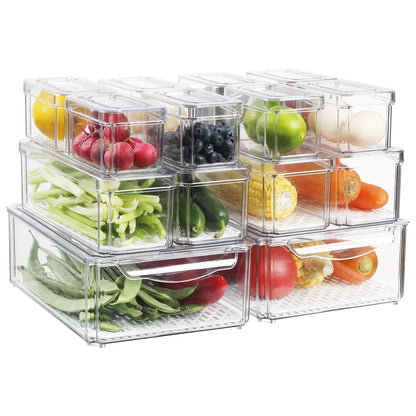OMNISAFE Refrigerator Organizer Plastic Bins with Lids Stackable Fridge Pantry Organizer BPA-Free Fruit & Food Storage Bins for Kitchen Vegetable Cereals (14 Pack)